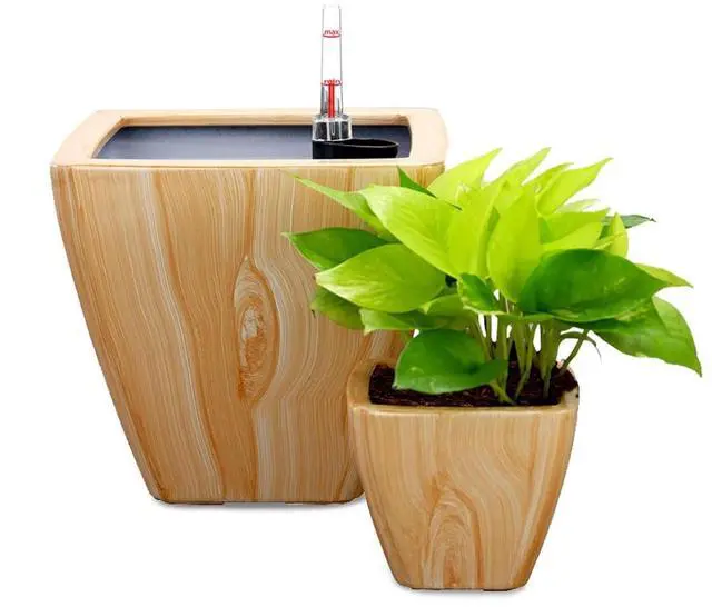 Main image of 2 Pieces Planter Pot with Wood-Like Surface and Self-Watering System for Backyard, Outdoor Flower Planter with Drainage Plug and Classic Textured Design for Flowers, Plants (Light Brown)