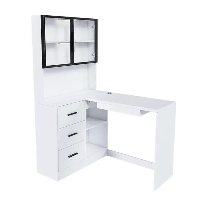 Alt view image 4 of 7 - Ergonomic L-Shaped Design Housheold Glass Cabinet Computer Desk with LED Lights, USB Ports & Keyboard Tray for Home Offices and Corporate Spaces (White)