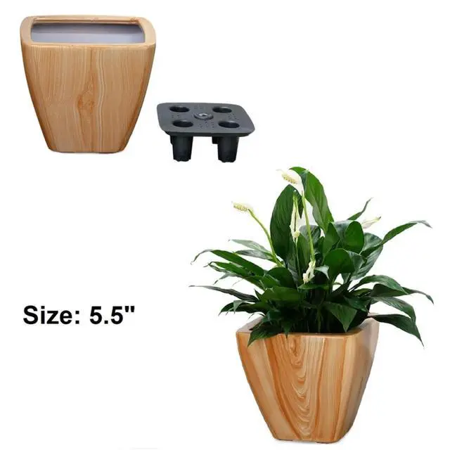Alt view image 3 of 7 - 2 Pieces Planter Pot with Wood-Like Surface and Self-Watering System for Backyard, Outdoor Flower Planter with Drainage Plug and Classic Textured Design for Flowers, Plants (Light Brown)