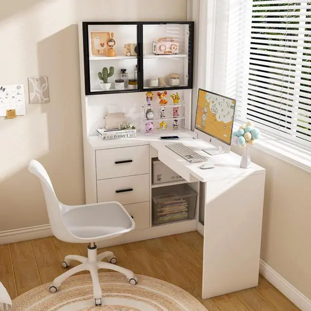 Alt view image 3 of 7 - Ergonomic L-Shaped Design Housheold Glass Cabinet Computer Desk with LED Lights, USB Ports & Keyboard Tray for Home Offices and Corporate Spaces (White)