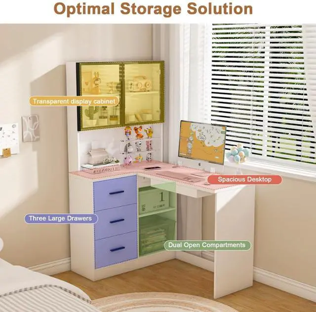 Alt view image 5 of 7 - Ergonomic L-Shaped Design Housheold Glass Cabinet Computer Desk with LED Lights, USB Ports & Keyboard Tray for Home Offices and Corporate Spaces (White)