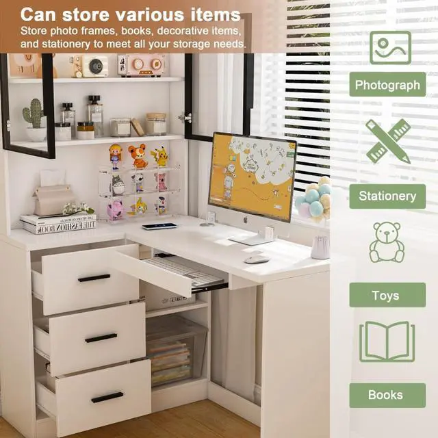 Alt view image 7 of 7 - Ergonomic L-Shaped Design Housheold Glass Cabinet Computer Desk with LED Lights, USB Ports & Keyboard Tray for Home Offices and Corporate Spaces (White)