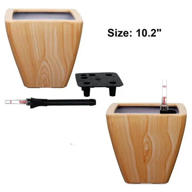Alt view image 6 of 7 - 2 Pieces Planter Pot with Wood-Like Surface and Self-Watering System for Backyard, Outdoor Flower Planter with Drainage Plug and Classic Textured Design for Flowers, Plants (Light Brown)
