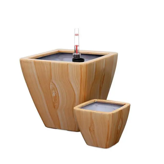 Alt view image 5 of 7 - 2 Pieces Planter Pot with Wood-Like Surface and Self-Watering System for Backyard, Outdoor Flower Planter with Drainage Plug and Classic Textured Design for Flowers, Plants (Light Brown)