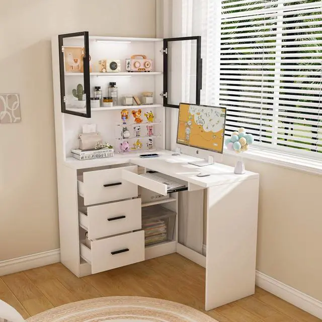 Alt view image 6 of 7 - Ergonomic L-Shaped Design Housheold Glass Cabinet Computer Desk with LED Lights, USB Ports & Keyboard Tray for Home Offices and Corporate Spaces (White)
