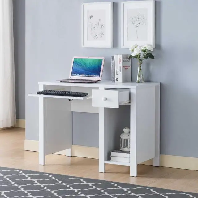 Alt view image 3 of 6 - 39" W Home Office Compact Writing Desk with One Drawer and Keyboard Tray, Modern White Student PC Laptop Desk with Wooden Knob Handle