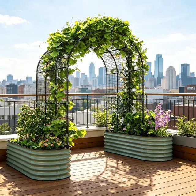 Main image of Metal Raised Garden Beds Set with Arch Trellis and Climbing Net for Growing Plants, Flowers, Outdoor Spacious 3 in 1 Planter with Powder-Coated Steel Pipes for Backyard