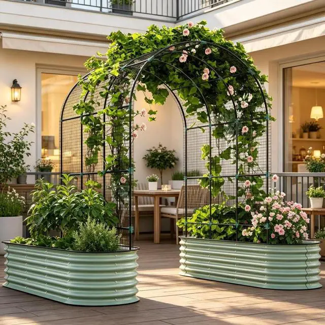 Alt view image 2 of 7 - Metal Raised Garden Beds Set with Arch Trellis and Climbing Net for Growing Plants, Flowers, Outdoor Spacious 3 in 1 Planter with Powder-Coated Steel Pipes for Backyard