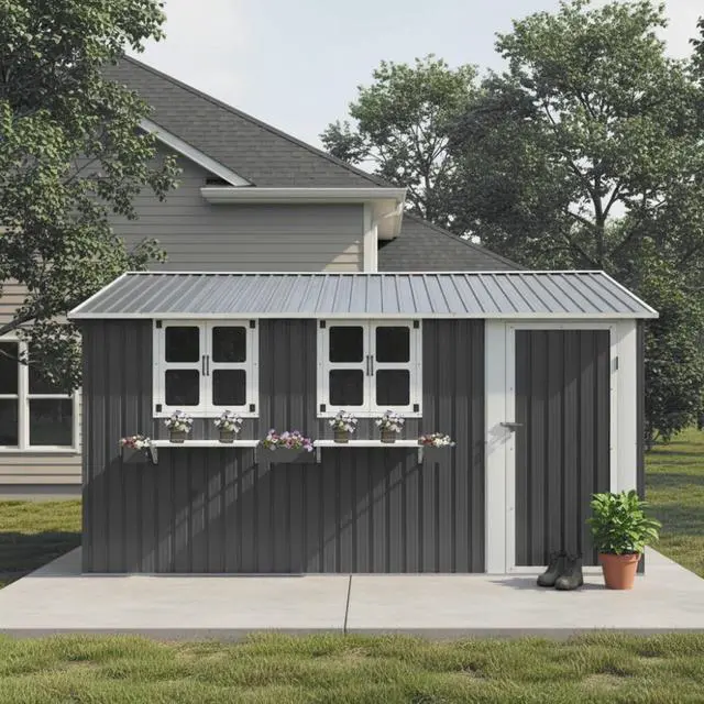 Alt view image 7 of 7 - 12x10 FT Outdoor Metal Storage Shed with 3 Clear Windows & Decorative Flower Rack, Lockable Single Door Tool Shed, Heavy Duty Waterproof Weatherproof Garden Shed for Backyard (Grey)