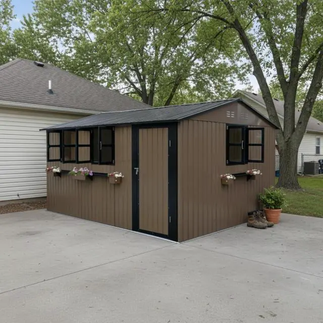 Main image of 12x10 FT Outdoor Metal Storage Shed with 3 Clear Windows & Decorative Flower Rack, Lockable Single Door Tool Shed, Heavy Duty Waterproof Weatherproof Garden Shed for Backyard (Brown)