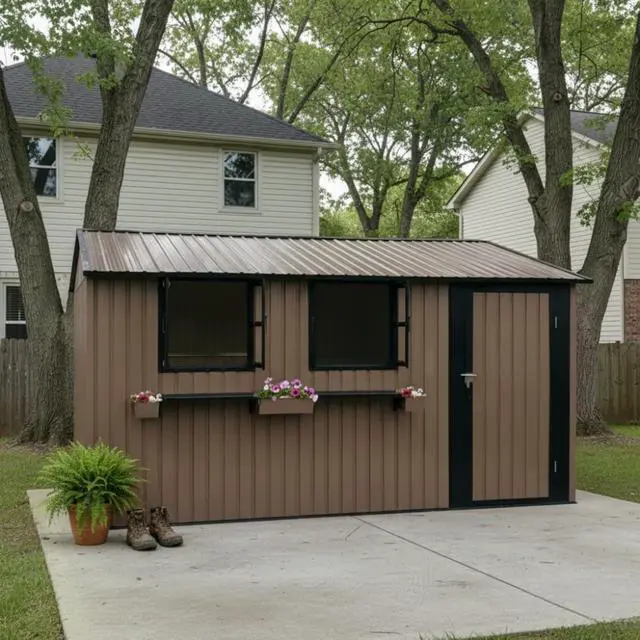 Alt view image 2 of 7 - 12x10 FT Outdoor Metal Storage Shed with 3 Clear Windows & Decorative Flower Rack, Lockable Single Door Tool Shed, Heavy Duty Waterproof Weatherproof Garden Shed for Backyard (Brown)