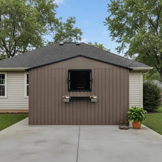 Alt view image 3 of 7 - 12x10 FT Outdoor Metal Storage Shed with 3 Clear Windows & Decorative Flower Rack, Lockable Single Door Tool Shed, Heavy Duty Waterproof Weatherproof Garden Shed for Backyard (Brown)