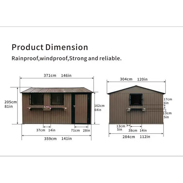 Alt view image 4 of 7 - 12x10 FT Outdoor Metal Storage Shed with 3 Clear Windows & Decorative Flower Rack, Lockable Single Door Tool Shed, Heavy Duty Waterproof Weatherproof Garden Shed for Backyard (Brown)