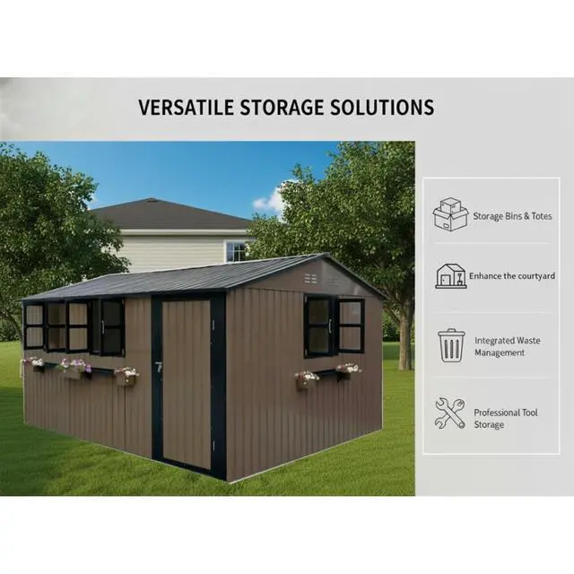 Alt view image 5 of 7 - 12x10 FT Outdoor Metal Storage Shed with 3 Clear Windows & Decorative Flower Rack, Lockable Single Door Tool Shed, Heavy Duty Waterproof Weatherproof Garden Shed for Backyard (Brown)