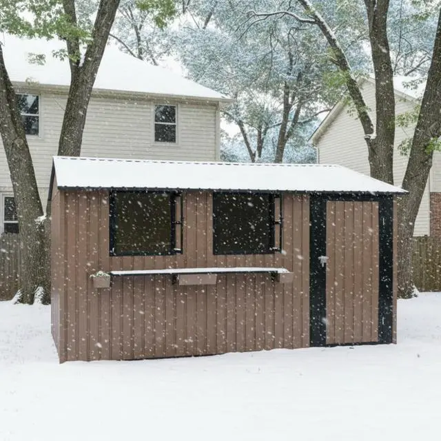 Alt view image 6 of 7 - 12x10 FT Outdoor Metal Storage Shed with 3 Clear Windows & Decorative Flower Rack, Lockable Single Door Tool Shed, Heavy Duty Waterproof Weatherproof Garden Shed for Backyard (Brown)