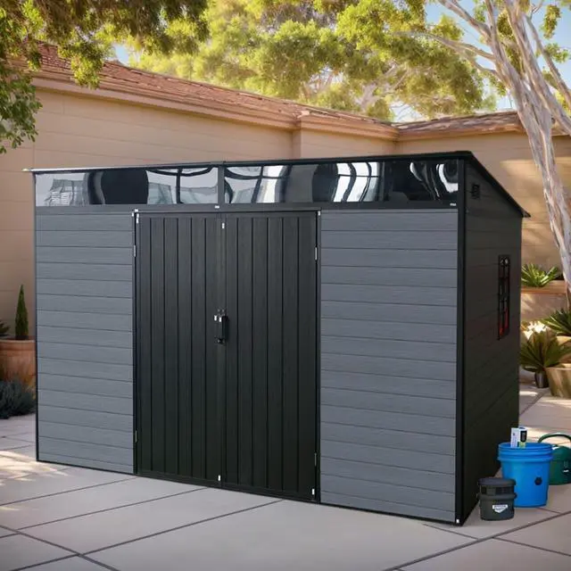 Main image of 10x7ft Outdoor Resin Garden Shed with Floor and Window, Plastic Patio Outdoor Storage Shed with Lockable Door for Garden Tools, Bicycles, Trash Cans