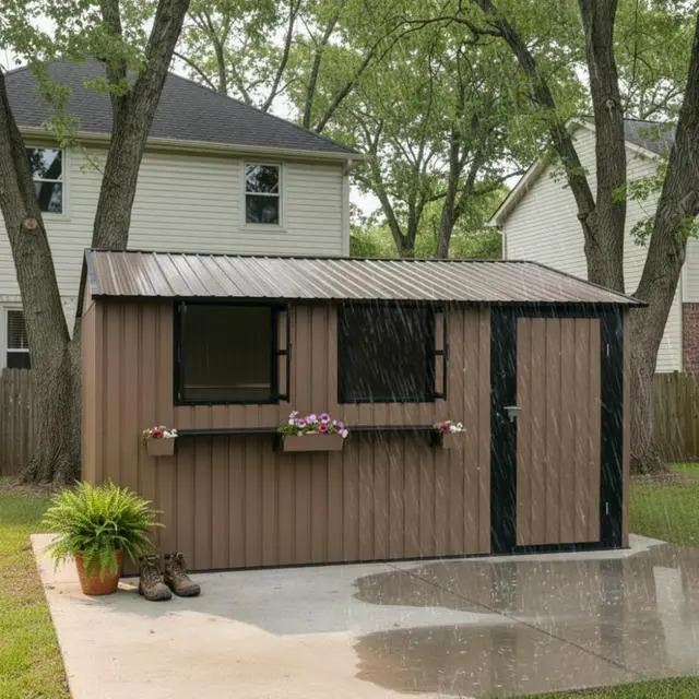 Alt view image 7 of 7 - 12x10 FT Outdoor Metal Storage Shed with 3 Clear Windows & Decorative Flower Rack, Lockable Single Door Tool Shed, Heavy Duty Waterproof Weatherproof Garden Shed for Backyard (Brown)