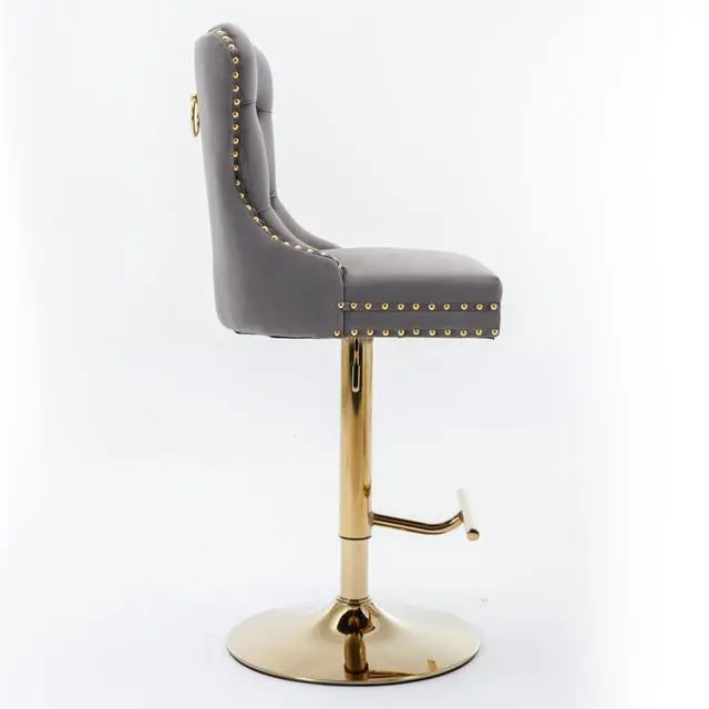 Alt view image 5 of 7 - Barstools Set of 2,Retro Swivel Pub Chair w/Height Adjustable Seat&Sturdy Metal Base for Cafe,Pub Height Bar Chairs Button Tufted Bar Stool w/High Back &Metal Ring for Home (Gray + Gold + Set of 2)