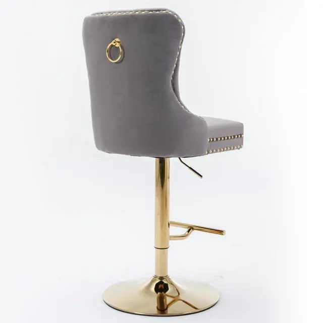 Alt view image 6 of 7 - Barstools Set of 2,Retro Swivel Pub Chair w/Height Adjustable Seat&Sturdy Metal Base for Cafe,Pub Height Bar Chairs Button Tufted Bar Stool w/High Back &Metal Ring for Home (Gray + Gold + Set of 2)