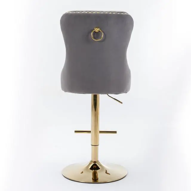 Alt view image 7 of 7 - Barstools Set of 2,Retro Swivel Pub Chair w/Height Adjustable Seat&Sturdy Metal Base for Cafe,Pub Height Bar Chairs Button Tufted Bar Stool w/High Back &Metal Ring for Home (Gray + Gold + Set of 2)