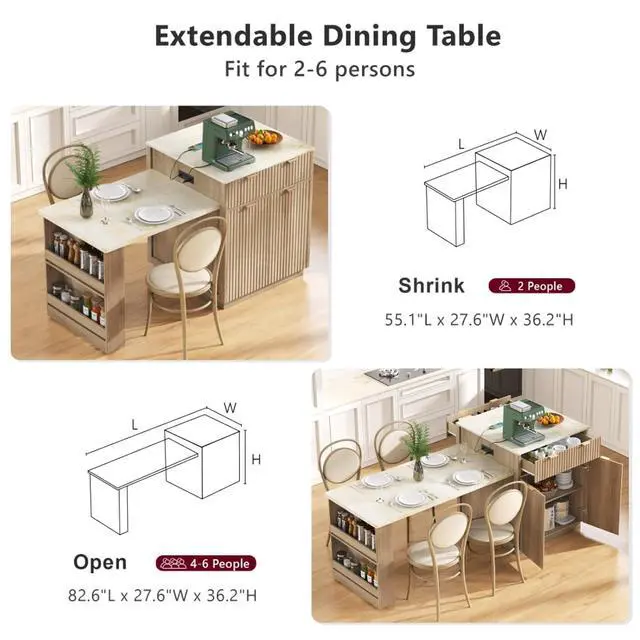 Alt view image 6 of 7 - Kitchen Island Solid Wood Food Prep Table w/Extendable Table,Fluted Cabinet &Faux Marble Top for Dining Room,Multi-functional Breakfast Bar Table w/USB,Sockets & Open Storage Shelves for 4-6 (Natural)