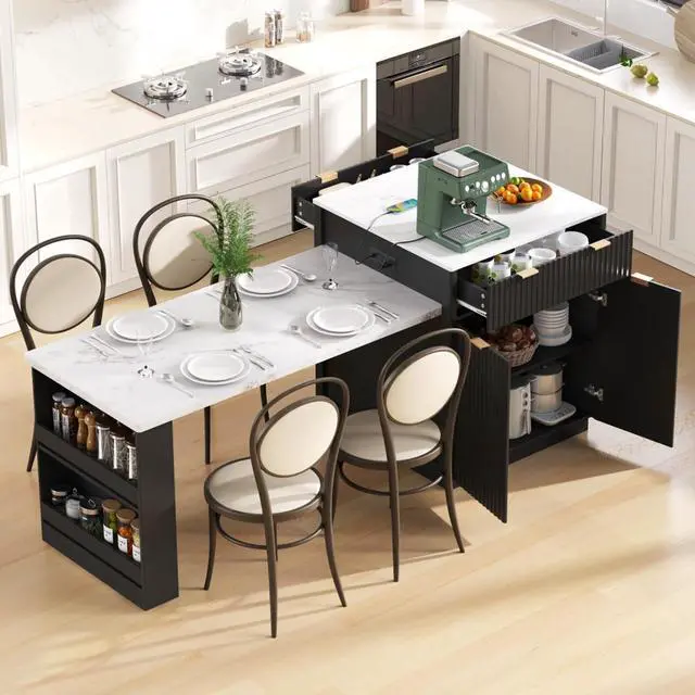 Main image of Kitchen Island Solid Wood Food Prep Table w/Extendable Table,Fluted Cabinet &Faux Marble Top for Dining Room,Multi-functional Breakfast Bar Table w/USB,Sockets & Open Storage Shelves for 4-6 (Black)
