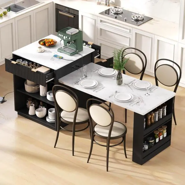 Alt view image 2 of 7 - Kitchen Island Solid Wood Food Prep Table w/Extendable Table,Fluted Cabinet &Faux Marble Top for Dining Room,Multi-functional Breakfast Bar Table w/USB,Sockets & Open Storage Shelves for 4-6 (Black)