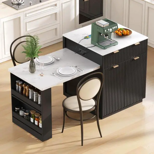 Alt view image 4 of 7 - Kitchen Island Solid Wood Food Prep Table w/Extendable Table,Fluted Cabinet &Faux Marble Top for Dining Room,Multi-functional Breakfast Bar Table w/USB,Sockets & Open Storage Shelves for 4-6 (Black)
