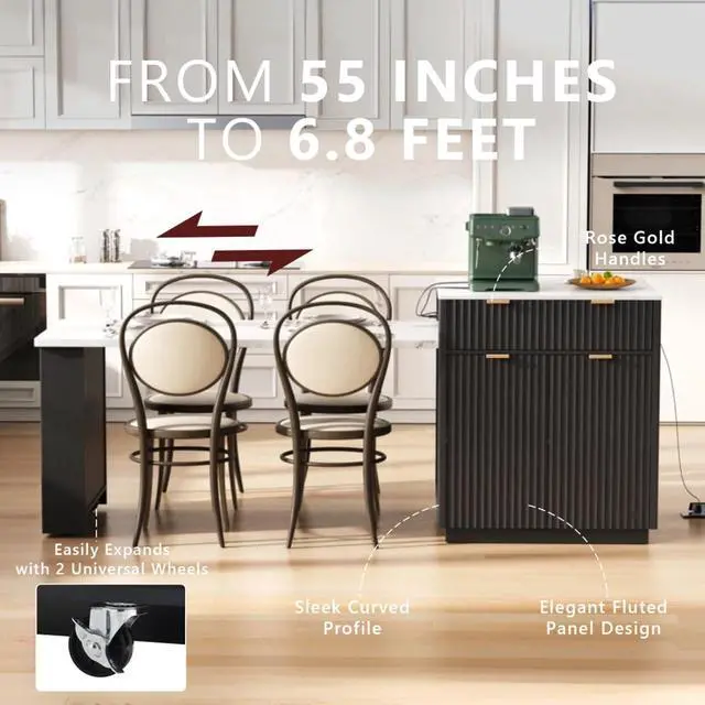 Alt view image 5 of 7 - Kitchen Island Solid Wood Food Prep Table w/Extendable Table,Fluted Cabinet &Faux Marble Top for Dining Room,Multi-functional Breakfast Bar Table w/USB,Sockets & Open Storage Shelves for 4-6 (Black)