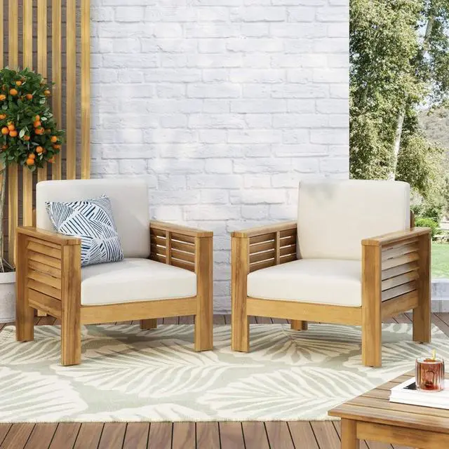 Main image of Durable Acacia Wood Club Chair w/Padded Back & Seat for Garden, Stylish Solid Wood Outdoor Side Chair w/Slatted Design & Adjustable Levelers for Porch, Balcony, Deck (Brown-2pcs)