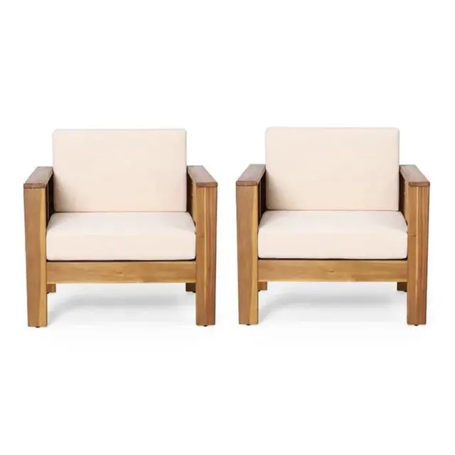 Alt view image 3 of 7 - Durable Acacia Wood Club Chair w/Padded Back & Seat for Garden, Stylish Solid Wood Outdoor Side Chair w/Slatted Design & Adjustable Levelers for Porch, Balcony, Deck (Brown-2pcs)