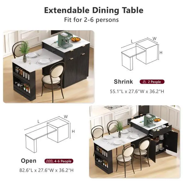 Alt view image 6 of 7 - Kitchen Island Solid Wood Food Prep Table w/Extendable Table,Fluted Cabinet &Faux Marble Top for Dining Room,Multi-functional Breakfast Bar Table w/USB,Sockets & Open Storage Shelves for 4-6 (Black)