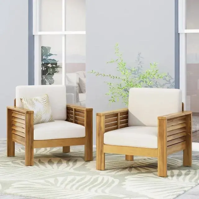 Alt view image 4 of 7 - Durable Acacia Wood Club Chair w/Padded Back & Seat for Garden, Stylish Solid Wood Outdoor Side Chair w/Slatted Design & Adjustable Levelers for Porch, Balcony, Deck (Brown-2pcs)
