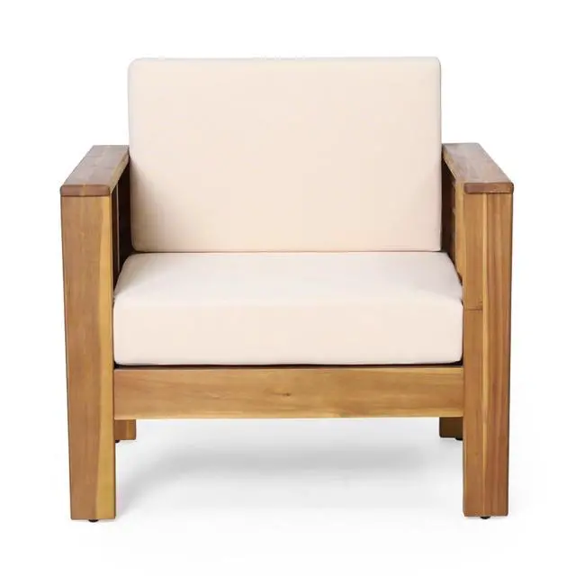 Alt view image 5 of 7 - Durable Acacia Wood Club Chair w/Padded Back & Seat for Garden, Stylish Solid Wood Outdoor Side Chair w/Slatted Design & Adjustable Levelers for Porch, Balcony, Deck (Brown-2pcs)