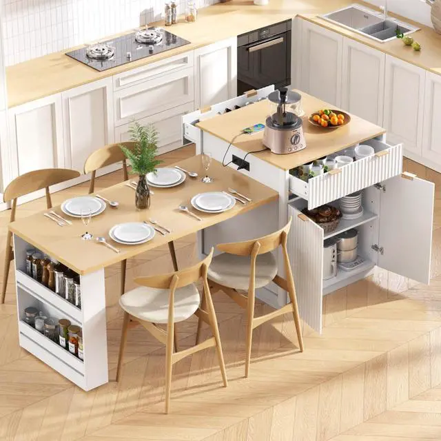 Main image of Kitchen Island Solid Wood Food Prep Table w/Extendable Table,Fluted Cabinet &Faux Marble Top for Dining Room,Multi-functional Breakfast Bar Table w/USB,Sockets & Open Storage Shelves for 4-6 (White)