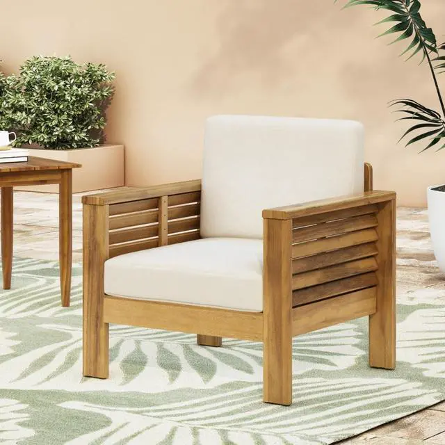 Alt view image 4 of 7 - Durable Acacia Wood Club Chair w/Padded Back & Seat for Garden, Stylish Solid Wood Outdoor Side Chair w/Slatted Design & Adjustable Levelers for Porch, Balcony, Deck (Brown-1pc)