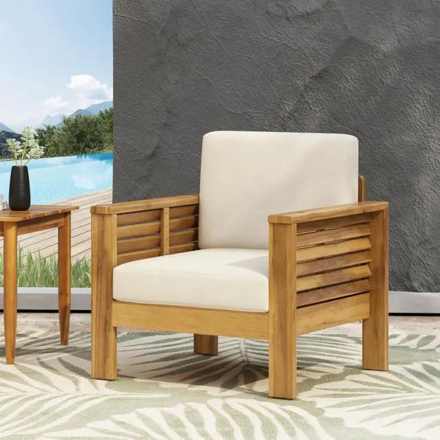 Alt view image 5 of 7 - Durable Acacia Wood Club Chair w/Padded Back & Seat for Garden, Stylish Solid Wood Outdoor Side Chair w/Slatted Design & Adjustable Levelers for Porch, Balcony, Deck (Brown-1pc)
