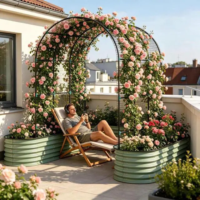 Alt view image 3 of 7 - Metal Raised Garden Beds Set with Arch Trellis and Climbing Net for Growing Plants, Flowers, Outdoor Spacious 3 in 1 Planter with Powder-Coated Steel Pipes for Backyard
