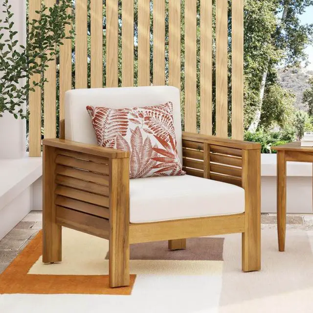 Main image of Durable Acacia Wood Club Chair w/Padded Back & Seat for Garden, Stylish Solid Wood Outdoor Side Chair w/Slatted Design & Adjustable Levelers for Porch, Balcony, Deck (Brown-1pc)