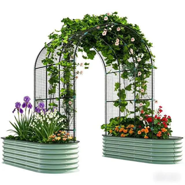 Alt view image 6 of 7 - Metal Raised Garden Beds Set with Arch Trellis and Climbing Net for Growing Plants, Flowers, Outdoor Spacious 3 in 1 Planter with Powder-Coated Steel Pipes for Backyard
