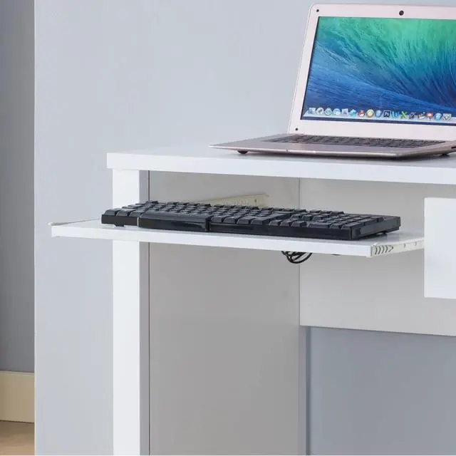 Alt view image 4 of 6 - 39" W Home Office Compact Writing Desk with One Drawer and Keyboard Tray, Modern White Student PC Laptop Desk with Wooden Knob Handle