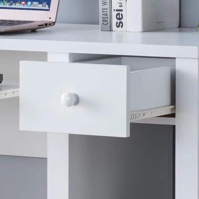 Alt view image 5 of 6 - 39" W Home Office Compact Writing Desk with One Drawer and Keyboard Tray, Modern White Student PC Laptop Desk with Wooden Knob Handle