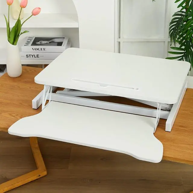 Alt view image 5 of 7 - 32" Height Adjustable Standing Desk Sit To Stand Converter with Wide Keyboard Tray for Home Office, Stand Up Desk Dual Monitor Riser Workstation with Spacious Tabletop for Laptops/Small Space (White)