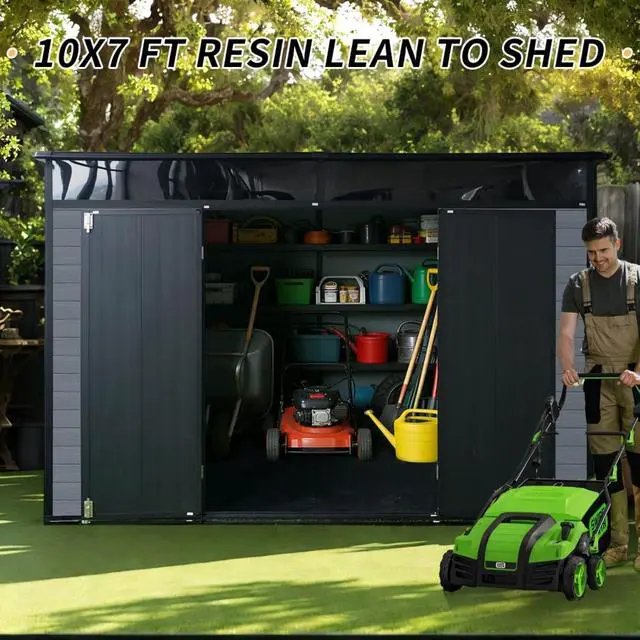 Alt view image 4 of 7 - 10x7ft Outdoor Resin Garden Shed with Floor and Window, Plastic Patio Outdoor Storage Shed with Lockable Door for Garden Tools, Bicycles, Trash Cans