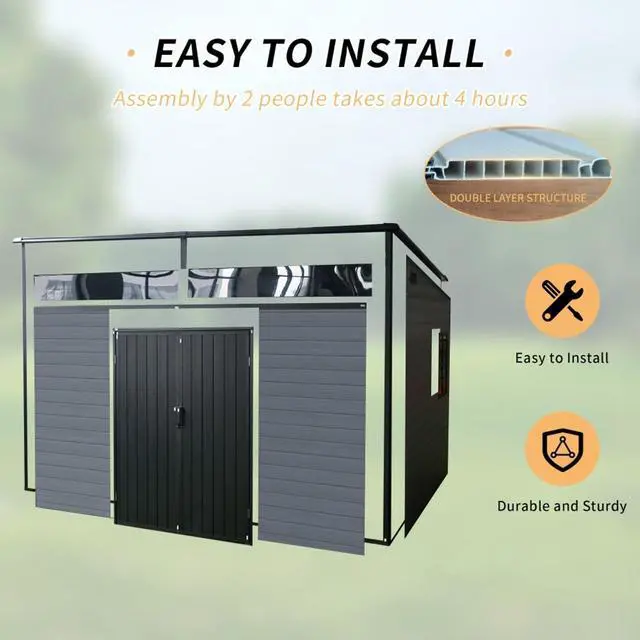 Alt view image 7 of 7 - 10x7ft Outdoor Resin Garden Shed with Floor and Window, Plastic Patio Outdoor Storage Shed with Lockable Door for Garden Tools, Bicycles, Trash Cans