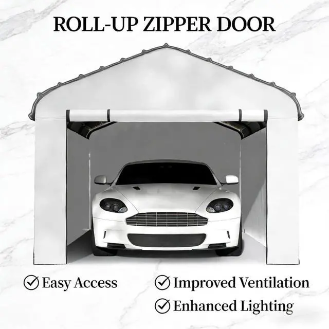 Alt view image 4 of 7 - Durable Replacement Sidewall Panel with Roll-Up Zipper Door for 10x15 Carports, Waterproof Replacement Cover with Hoop-Loop Fasteners for Outdoor Shelter, Only Carport Replacement Sidewall (White-2)