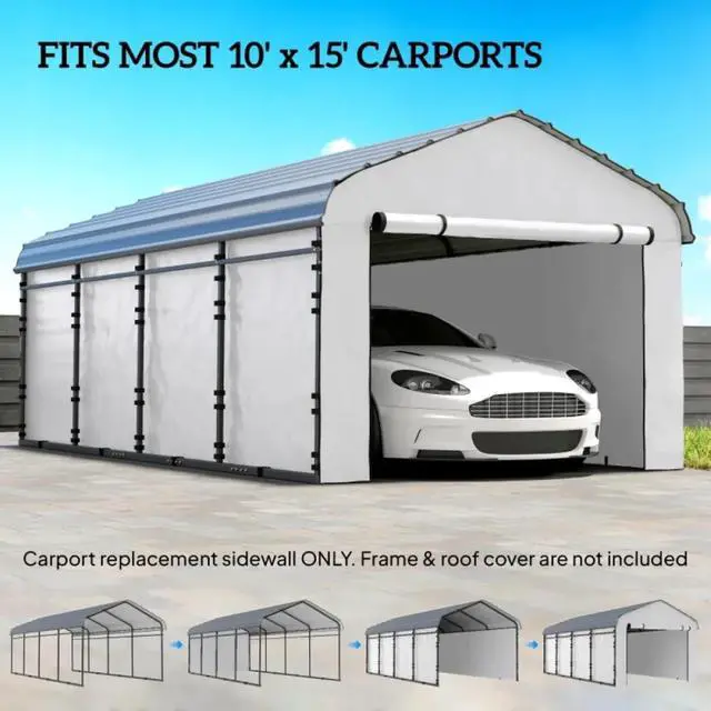 Alt view image 3 of 7 - Durable Replacement Sidewall Panel with Roll-Up Zipper Door for 10x15 Carports, Waterproof Replacement Cover with Hoop-Loop Fasteners for Outdoor Shelter, Only Carport Replacement Sidewall (White-2)