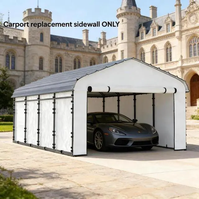 Alt view image 5 of 7 - Durable Replacement Sidewall Panel with Roll-Up Zipper Door for 10x15 Carports, Waterproof Replacement Cover with Hoop-Loop Fasteners for Outdoor Shelter, Only Carport Replacement Sidewall (White-2)