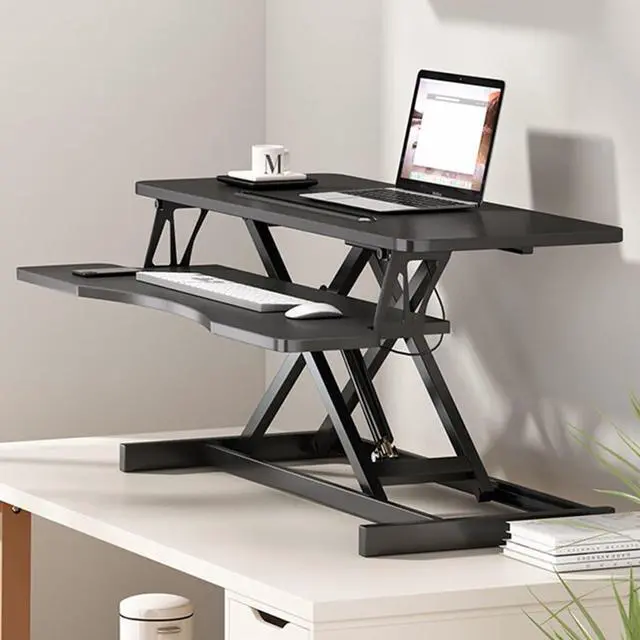 Alt view image 2 of 7 - 32Inch Standing Desk Sit To Stand Height Adjustable Converter Laptop Workstation w/Keyboard Tray for Home Office,Dual Monitor Riser Desktop Workstation w/Quiet Lifting Mechanism for Computer (Black)