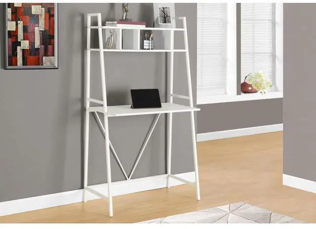 Main image of Trendy and Modern 60" H Computer Desk with Sturdy White Metal Base, Minimalist Space Saving Design PC Laptop Desk with 3 Ladder Style Storage Shelves